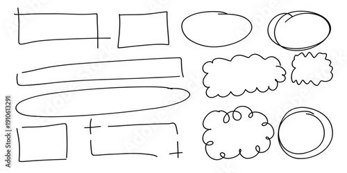 Hand-drawn doodle shapes including rectangles, squares, circles, ovals, cloud bursts, and lines.