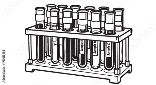 Test tubes with varying liquid levels in a rack on a laboratory counter from a slightly elevated viewpoint