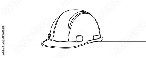 Construction safety helmet drawn in one line. Minimalist symbol of industrial safety, construction, and engineering.