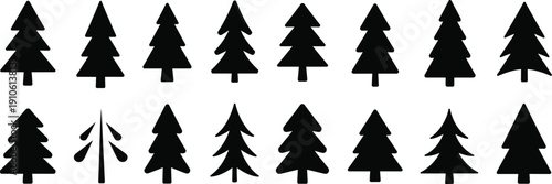Set of black pine tree silhouette vector icons collection isolated on white background for forest design, winter themes, Christmas graphics, nature branding, and creative projects