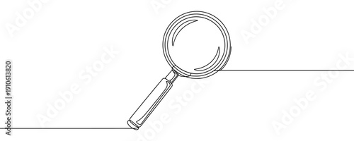 Magnifying glass in line art style. Minimalist drawing of a loupe made in a single continuous line. Vector illustration for search, analytics, research, and investigation themes.