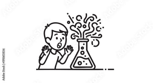 A scientist observes a chemical reaction in a laboratory flask with fizzing liquid from a close-up viewpoint