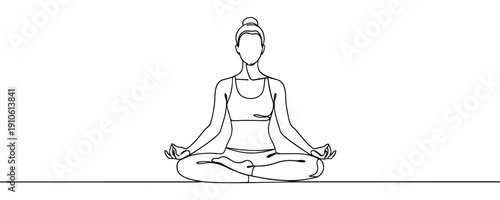 Woman in lotus position in line art style. Minimalist drawing of a girl practicing yoga or meditation made in a single continuous line. Vector illustration for health and harmony themes.