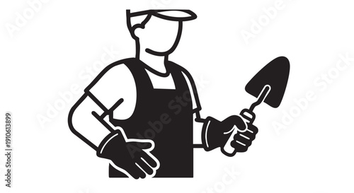 A worker holding a trowel stands confidently in a construction setting, viewed from the front