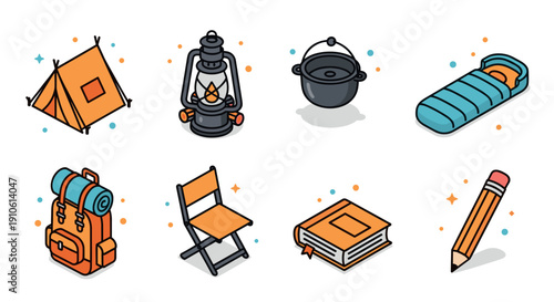 A collection of camping and outdoor icons including a backpack, lantern, tent, cooking pot, sleeping bag, and pencil in flat modern vector style, suitable for travel and adventure themes