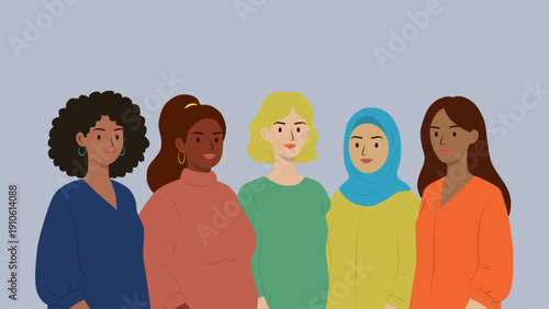 Multicultural Women Portraits Standing Together in Modern Flat Style