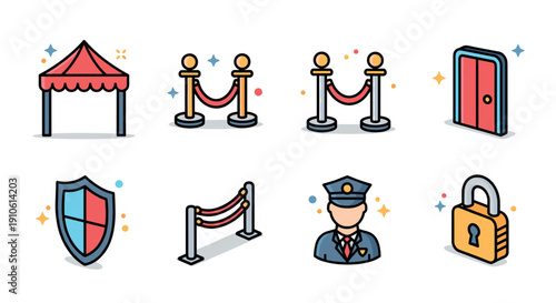 A collection of security and event elements including a tent, barriers, a lock, and a police officer in flat vector style, suitable for event management and security branding