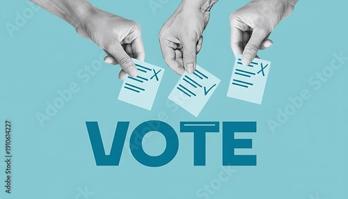 Vote concept with hands holding ballot papers showing checkmark and cross symbols above bold typography, election participation and democratic decision making on blue background