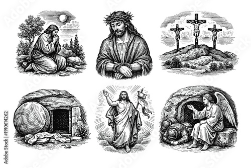 Easter bible story. Bible scenes engraving set, vintage crucifixion and resurrection sketches in woodcut style