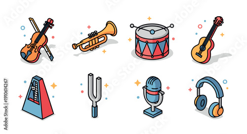 A collection of musical instruments including a violin, trumpet, drum, guitar, metronome, tuning fork, microphone, and headphones in colorful flat vector style, perfect for music-related projects