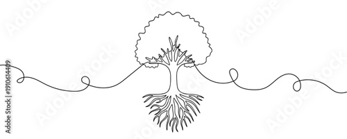 Tree with roots in line art style. Minimalist drawing of a strong tree made in a single continuous line. Vector illustration symbolizing growth, stability, and life.