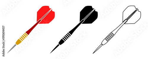 A set of dart icons for the game of darts, presented in three styles: color, black silhouette, and outline. Vector illustration