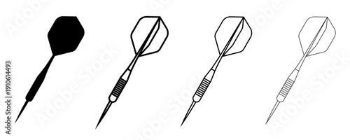 A set of dart icons presented in four styles: a solid black silhouette and three outline variations with different line thicknesses. Vector illustration of sports equipment.