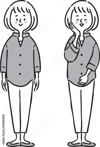 若い女性のイラスト 　全身　ベクター（モノクロ）