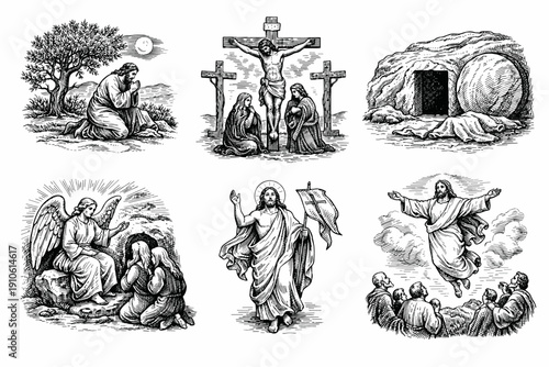Easter bible story. Bible scenes engraving set, vintage crucifixion and resurrection sketches in woodcut style