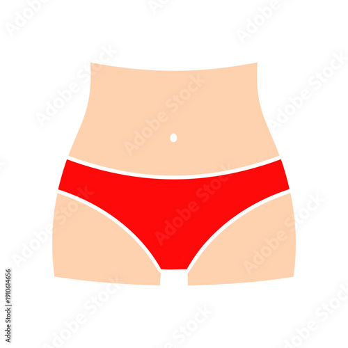 Color illustration depicting female hips and abdomen in red underwear. Flat style vector graphics.