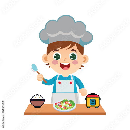 happy cute kid chef cook in kitchen vector illustration