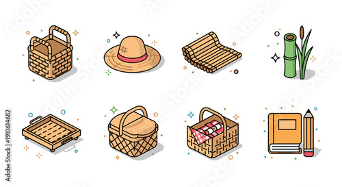 A collection of various wicker baskets, a straw hat, bamboo, and gardening tools in flat modern vector style, suitable for lifestyle and eco-friendly design projects