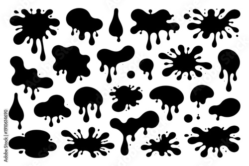 Abstract black ink splatter set: drip and splash shapes collection.