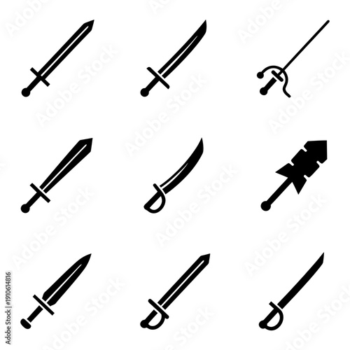 A set of nine black silhouette icons of various types of bladed weapons, including swords, sabers, a rapier, and broadswords. Flat style vector illustration.