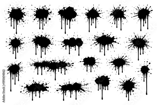 Set of black ink splatters on white background.