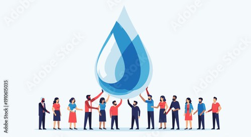 A diverse group of people collaboratively supporting a large blue water droplet, symbolizing water conservation and community effort for environmental protection.