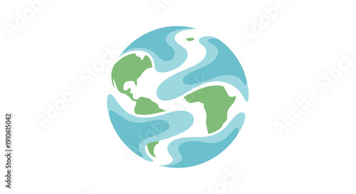 Stylized globe icon with green continents and blue wavy water patterns, representing Earth and its interconnected ecosystems.
