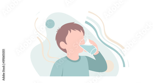 Flat illustration of a young person drinking a glass of clear water, emphasizing hydration and health in a simple style.
