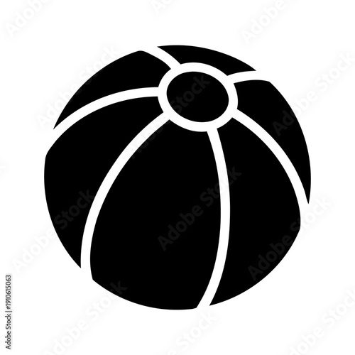 Black silhouette icon of an inflatable beach ball with white dividing lines. Minimalist vector illustration symbolizing summer vacation and water games.