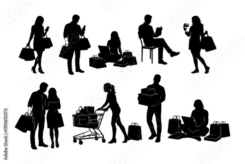 Silhouette shopping scenes: diverse adults with shopping bags and devices.