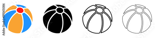 A set of beach ball icons presented in four styles: colored, solid black silhouette, and two outline variations with different line thicknesses. Vector illustration.