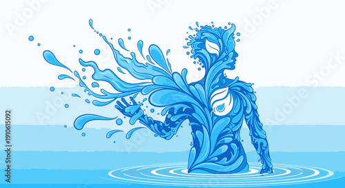 Abstract human figure composed of dynamic water splashes and droplets emerging from a serene blue water surface with ripples.