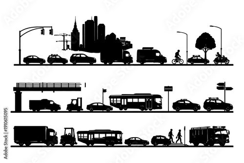 Urban traffic silhouettes with vehicles, pedestrians, and cityscape.