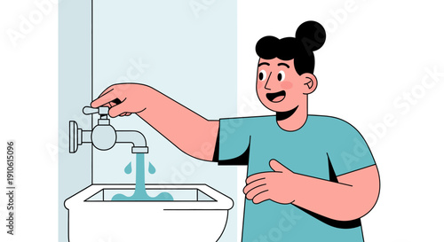 A smiling person turning on a water faucet, with water flowing into a sink, illustrating water usage or conservation.