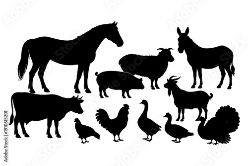 Silhouettes of farm animals: horse, donkey, sheep, pig, cow, goat, rooster, duck, turkey.