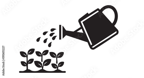 Watering young plants with a watering can, nurturing growth and development in a garden setting from a side viewpoint