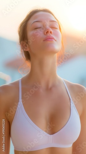 Wallpaper Mural Young woman enjoying sun, sun-kissed blonde relaxing outdoors in a stylish bikini near a serene beach, vibrant atmosphere. Torontodigital.ca