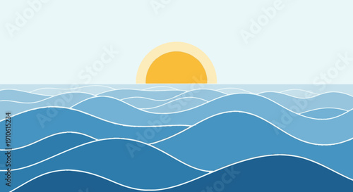 Minimalist vector illustration of a sunrise or sunset over a calm, wavy blue ocean with a clear sky.