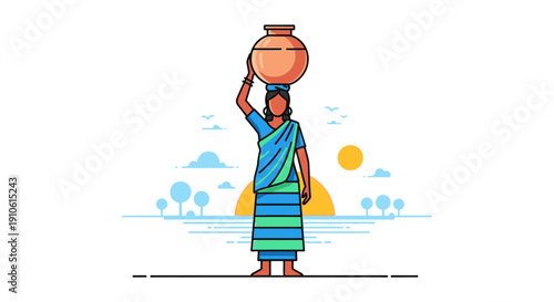 Illustration of a woman carrying a water pot on her head at sunrise, depicting daily life and cultural traditions in a rural setting.