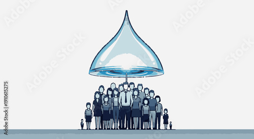 A large group of diverse people standing together under a giant protective water droplet, symbolizing community and water resource management.
