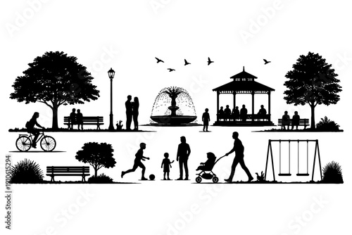 Silhouette of people enjoying outdoor park activities: families, friends, and cyclists in scenic setting.