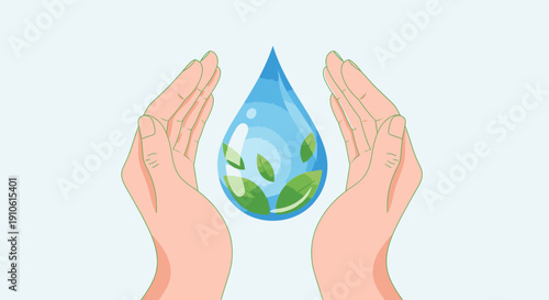 Two hands gently cupping a large, clear blue water droplet with green leaves inside, symbolizing water conservation and environmental protection.