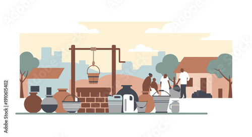 Illustration of people gathering around a traditional well, drawing water into various containers in a community setting.