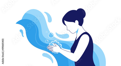 A woman washing her hands with soap and water, emphasizing hygiene and cleanliness in a clean illustration.