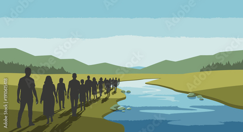 Silhouettes of people walking in a long line along a riverbank through a vast natural landscape with hills under a clear sky, depicting a journey or migration.