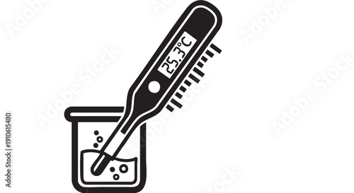 Digital thermometer in a glass of liquid with bubbles, measuring temperature from an angled viewpoint