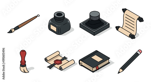A collection of writing tools including a quill, inkpot, scroll, and pencil in flat modern vector style, perfect for creative projects and educational materials