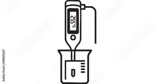 Digital thermometer illustration in a laboratory setting measuring temperature with precise instrumentation and detailed equipment overview
