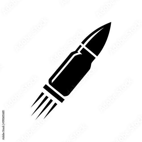 Black silhouette icon of a flying bullet with dynamic lines behind it, imitating speed and movement. Vector illustration is located diagonally on a white background.