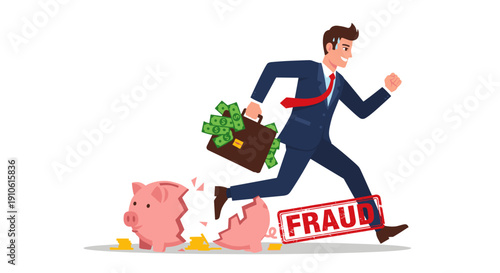 A businessman in a suit runs away with a briefcase full of money, leaving behind a broken piggy bank and a 'FRAUD' stamp, depicting financial crime.